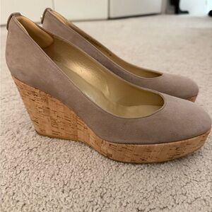 Stuart Weitzman Taupe Suede Cork Wedge Pumps